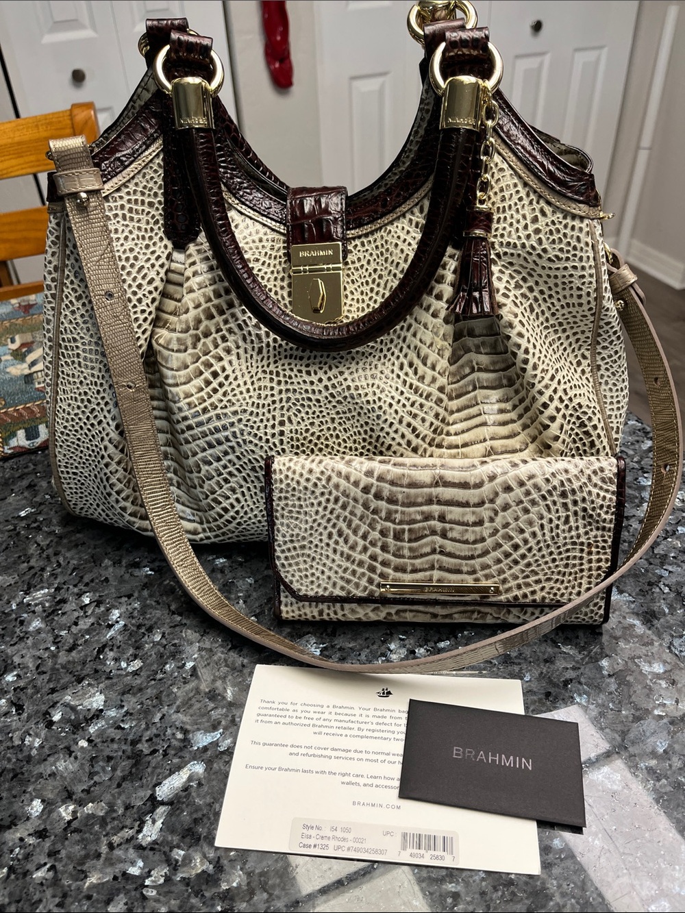 Brahmin Cream and Dark Brown Croc-Embossed Shoulder Hobo with Matching Wallet